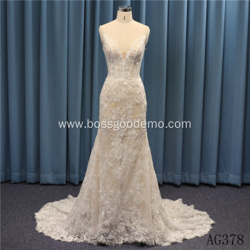 Luxury Champagne Colored Sexy Flare Crystal Lace Bridal Gown Sleeveless Beaded Mermaid Wedding Dress